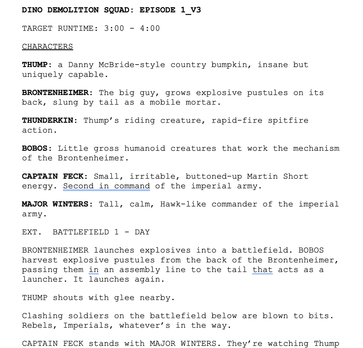 Typed script page titled Dino Demolition Squad, Episode 1 V3, with character list