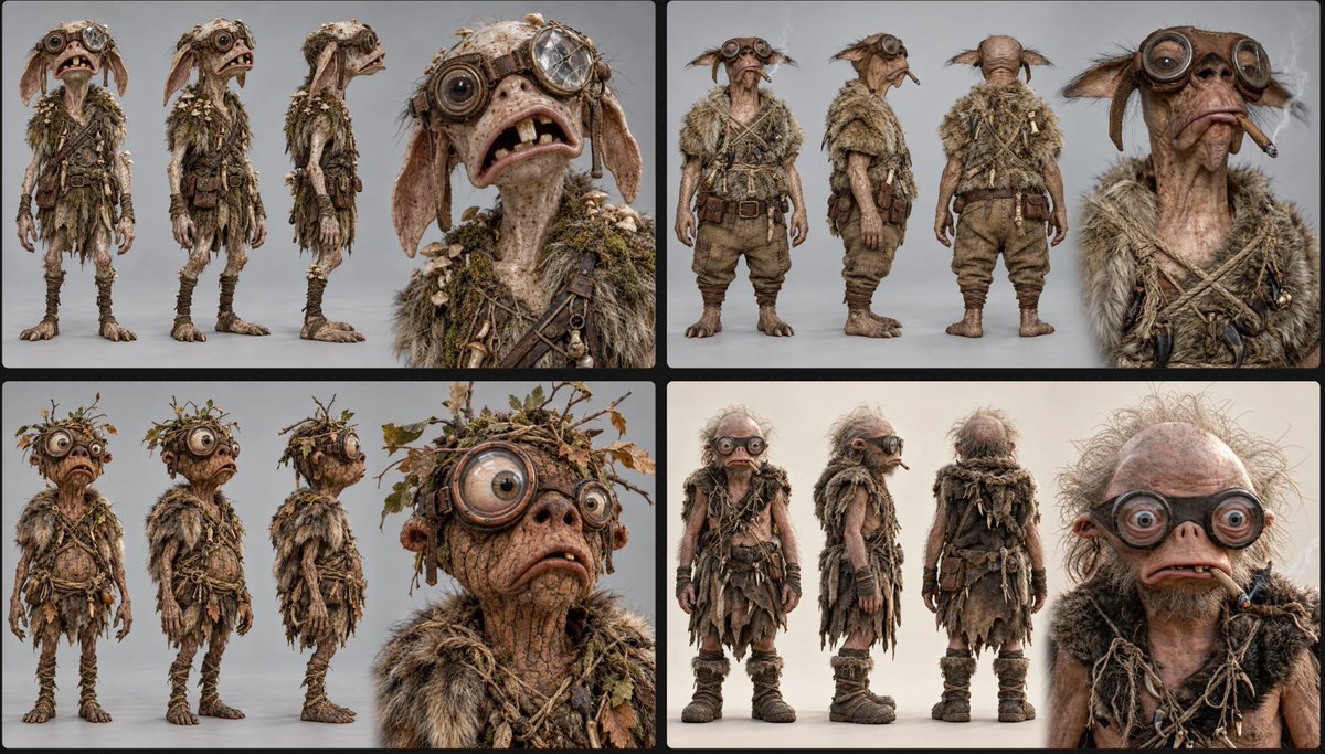 Four turnaround sheets of small goggle-wearing creatures, earlier designs on the left, more photoreal versions on the right