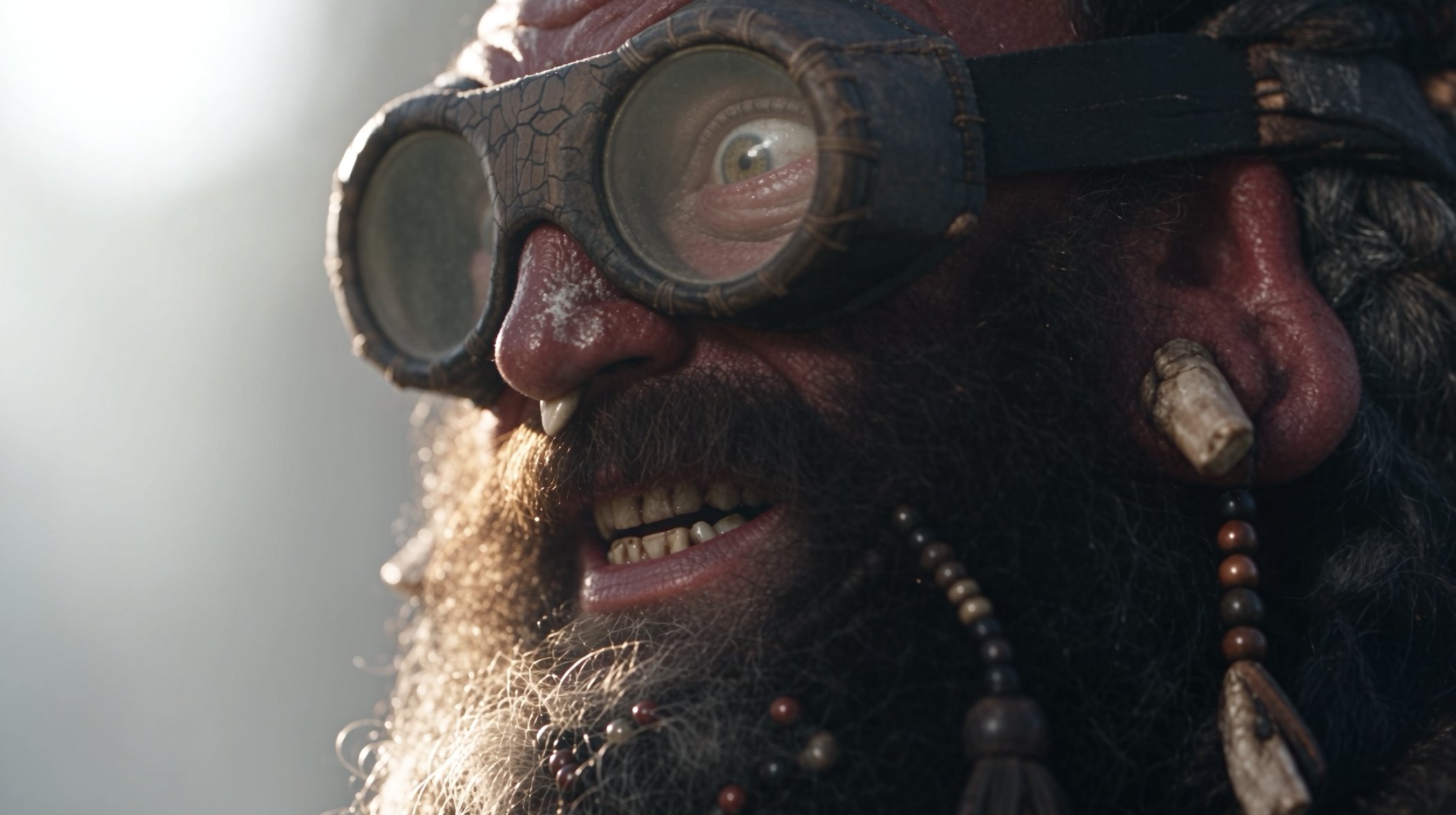 Tight close-up of Thump's goggled face, tusk and beaded beard