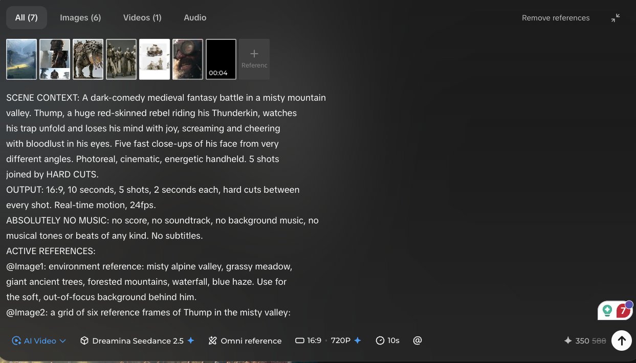 Dreamina interface showing seven reference thumbnails, the start of the cheering prompt, and settings Dreamina Seedance 2.5, Omni reference, 16:9, 720P, 10s