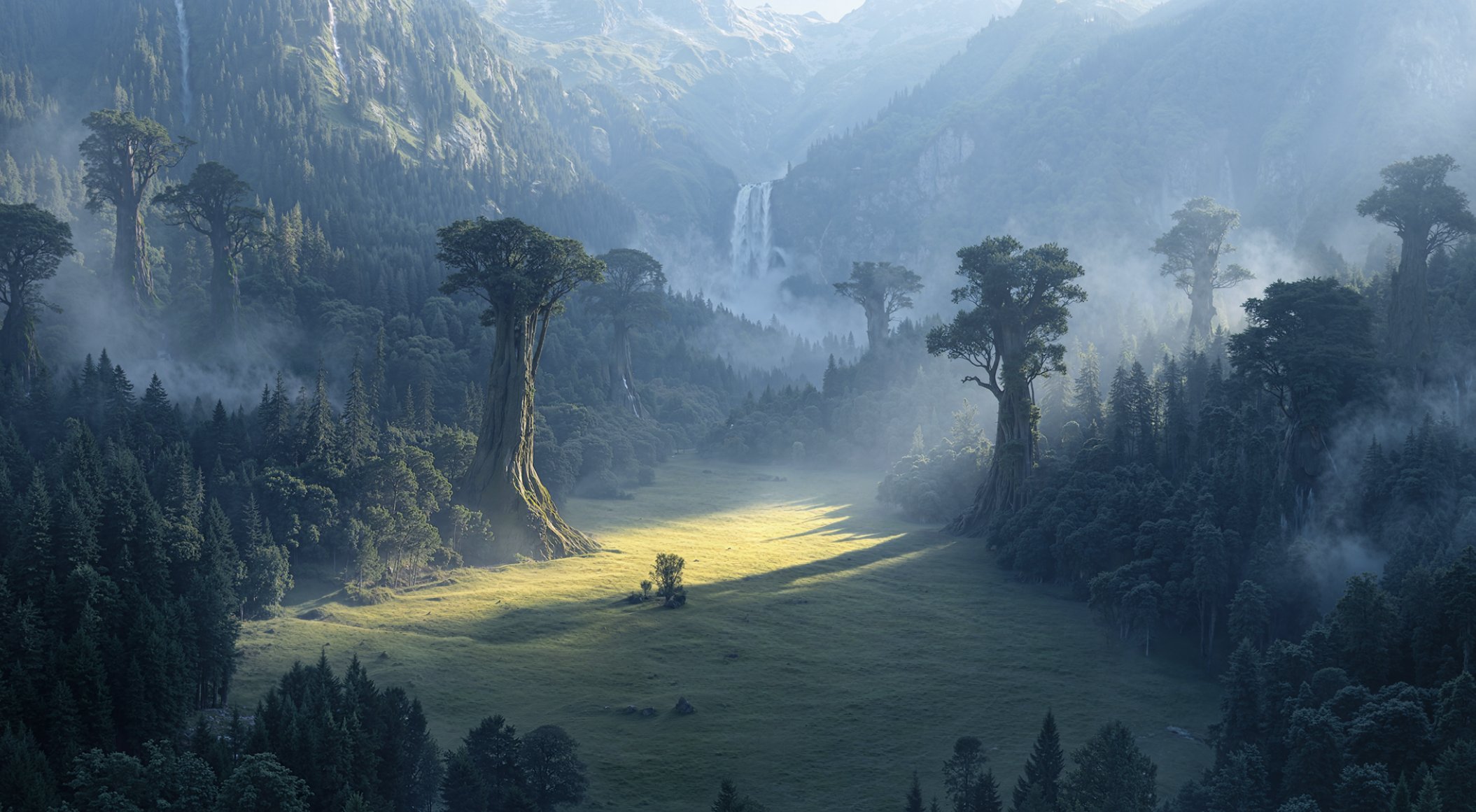 Misty valley with giant trees and a waterfall