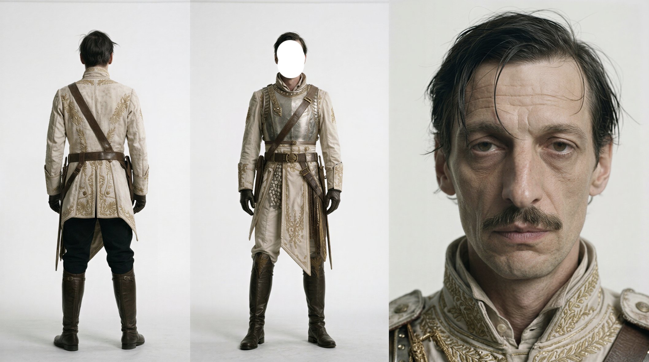 Character sheet: back view, front view with face whited out, and large face close-up of a gaunt mustached officer