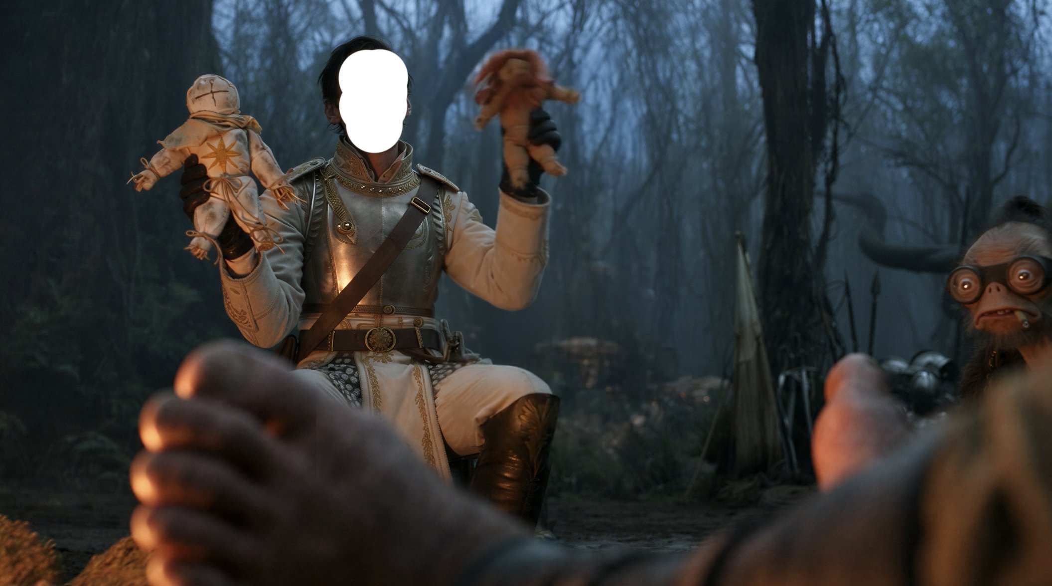 Seated officer holding two dolls by a campfire, his face whited out