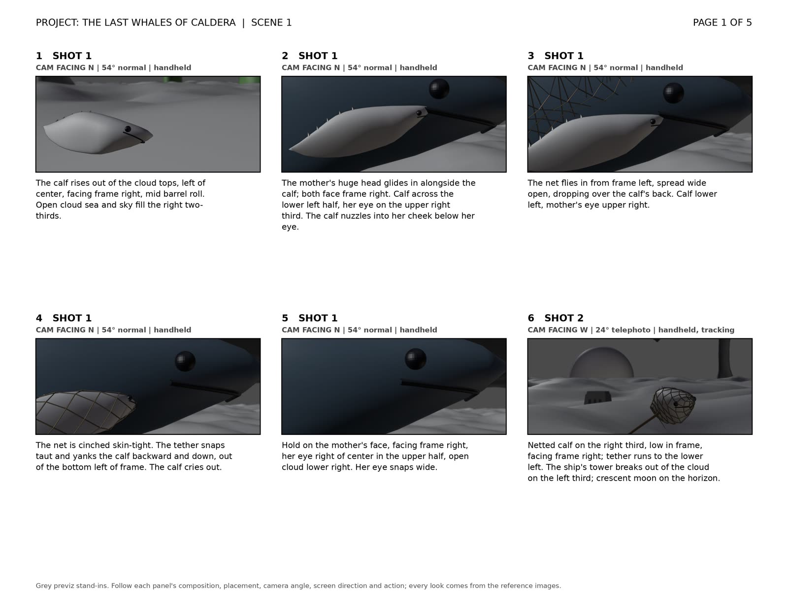 Storyboard page 1 of 5: six gray previz panels with camera notes
