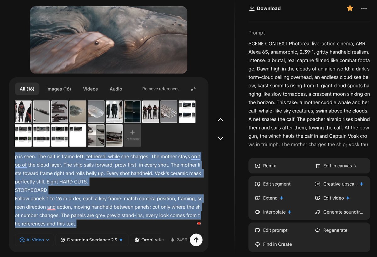 Dreamina interface with sixteen image references including storyboard pages, a clipped prompt with a STORYBOARD section, and Dreamina Seedance 2.5 selected