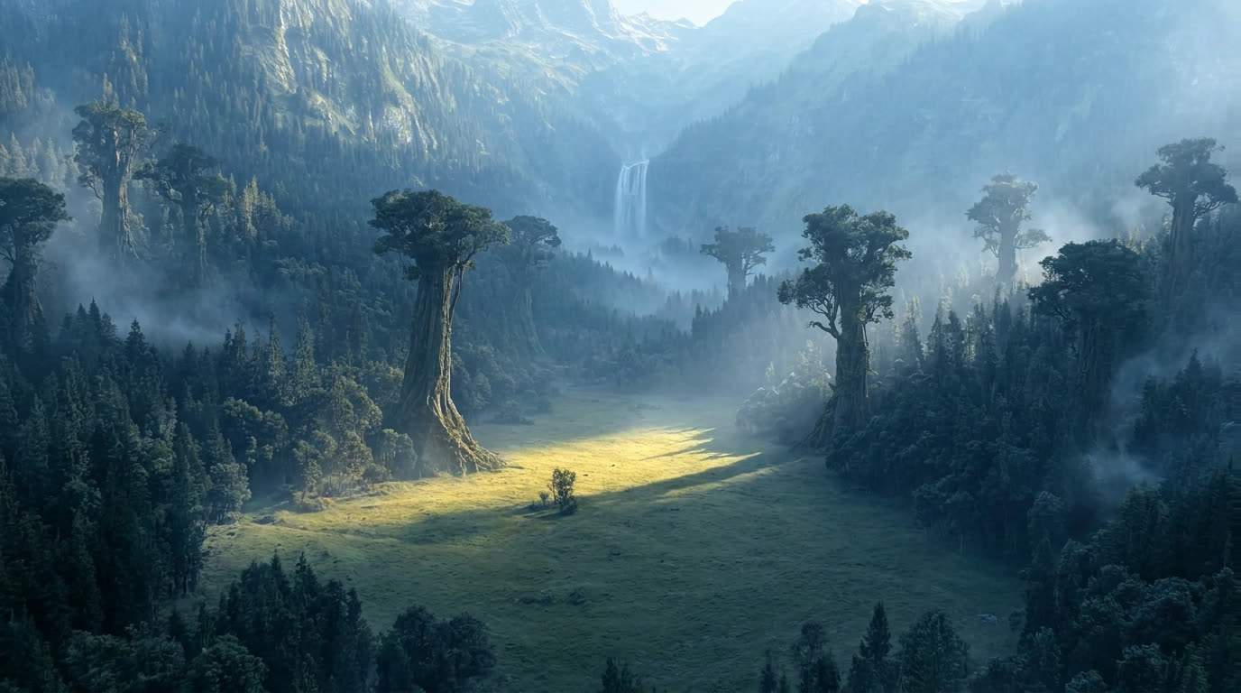High aerial view of a green valley with giant trees, mist and a waterfall