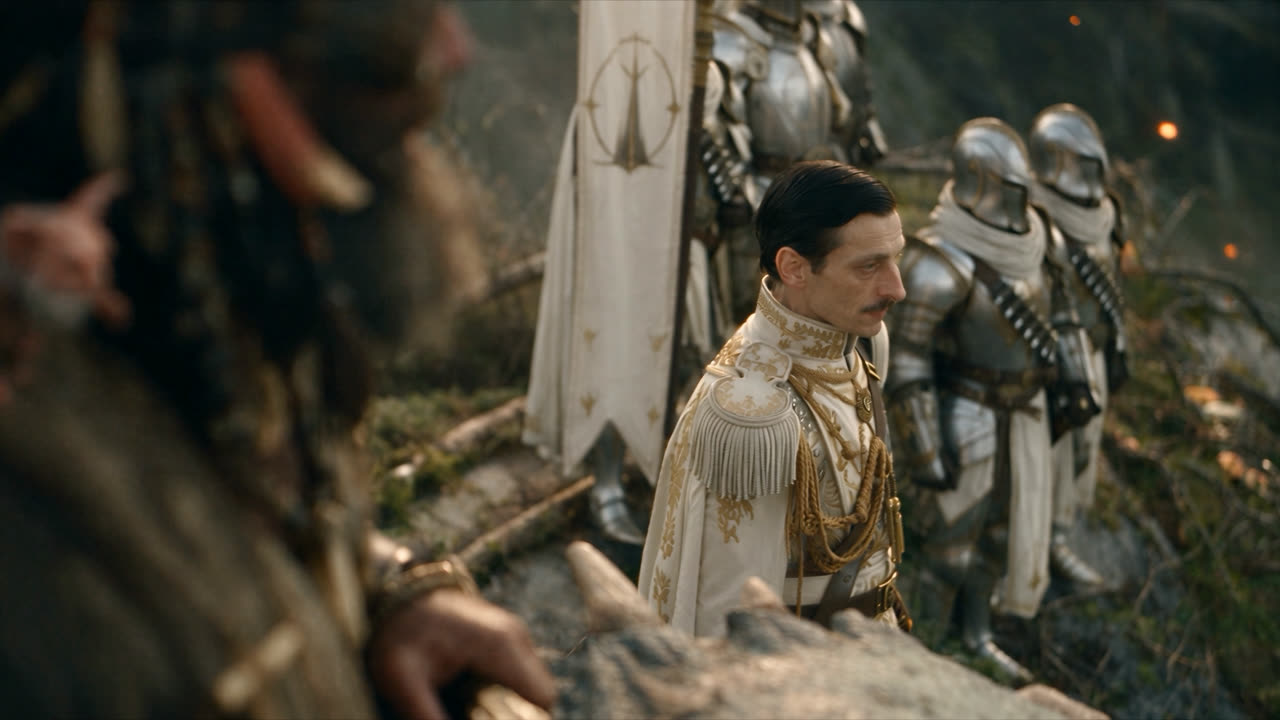 Officer in cream and gold uniform in profile, armored soldiers behind, a blurred figure in the left foreground