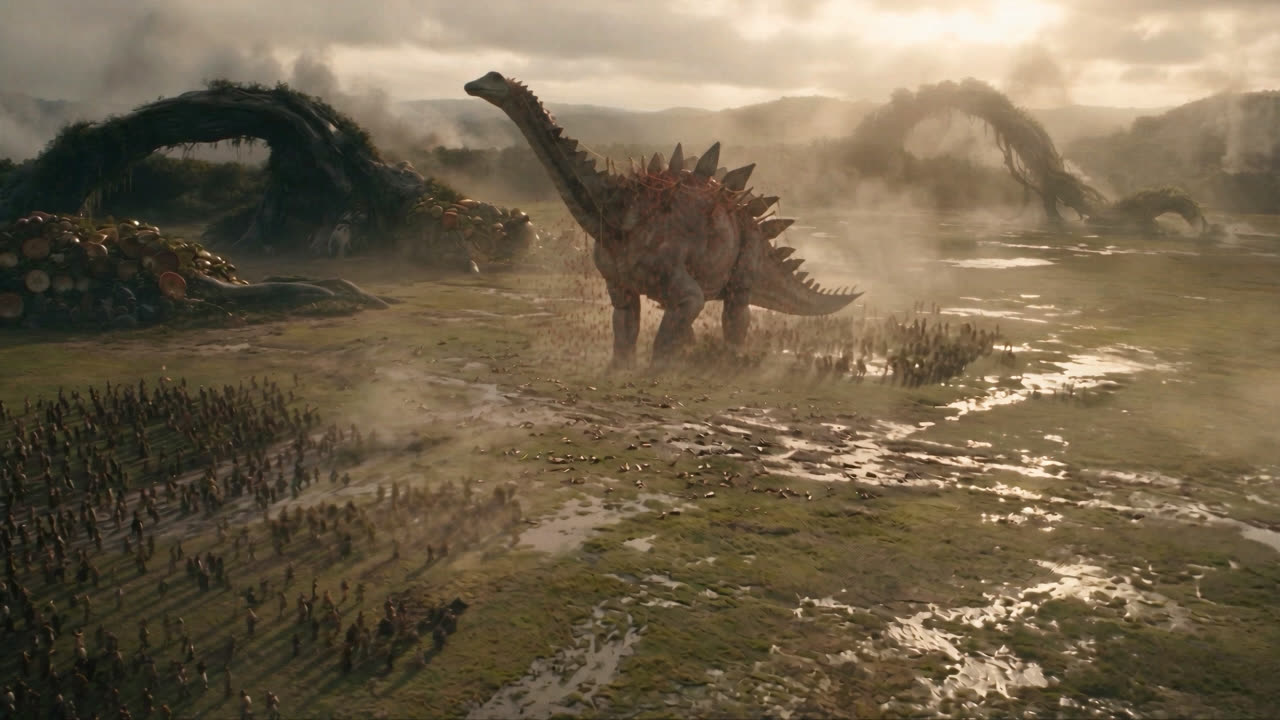 Wide muddy valley with a large spiked dinosaur and massed troops
