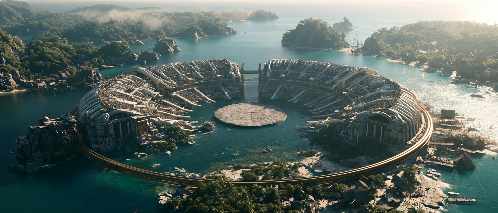 Colossal stone colosseum on a tropical island ringed by turquoise water