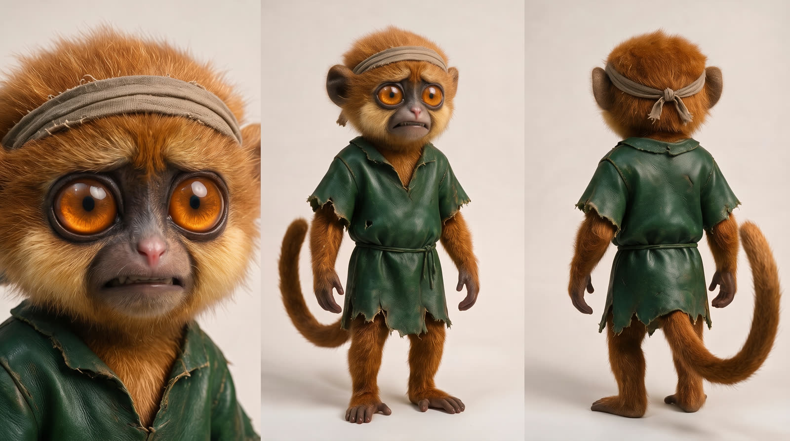 Small ginger-furred primate character with large orange eyes, green tunic and headband