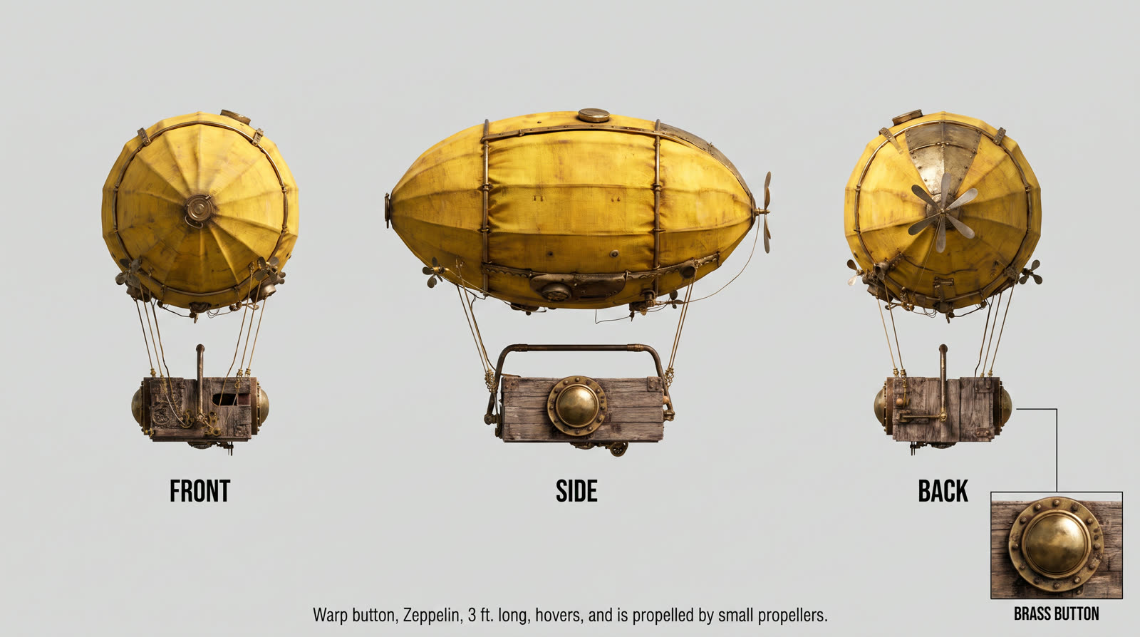 Small yellow zeppelin with brass fittings and a crate carrying a brass button